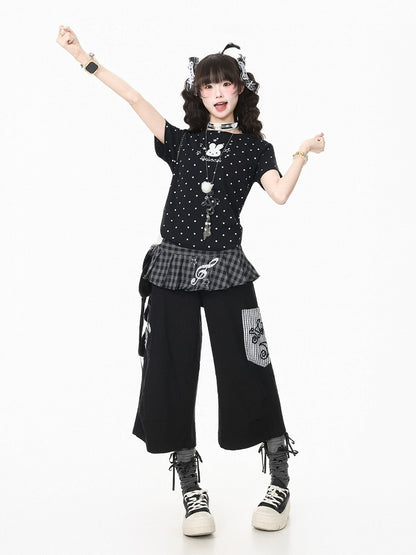 Black Polka Dot Short Sleeve Tee with Bunny Embroidery - Languid Park