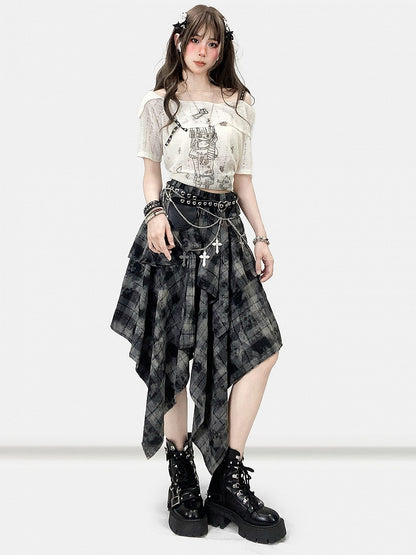 ハンカチ ダークヘム チェック柄スカート ほろ苦いグレー