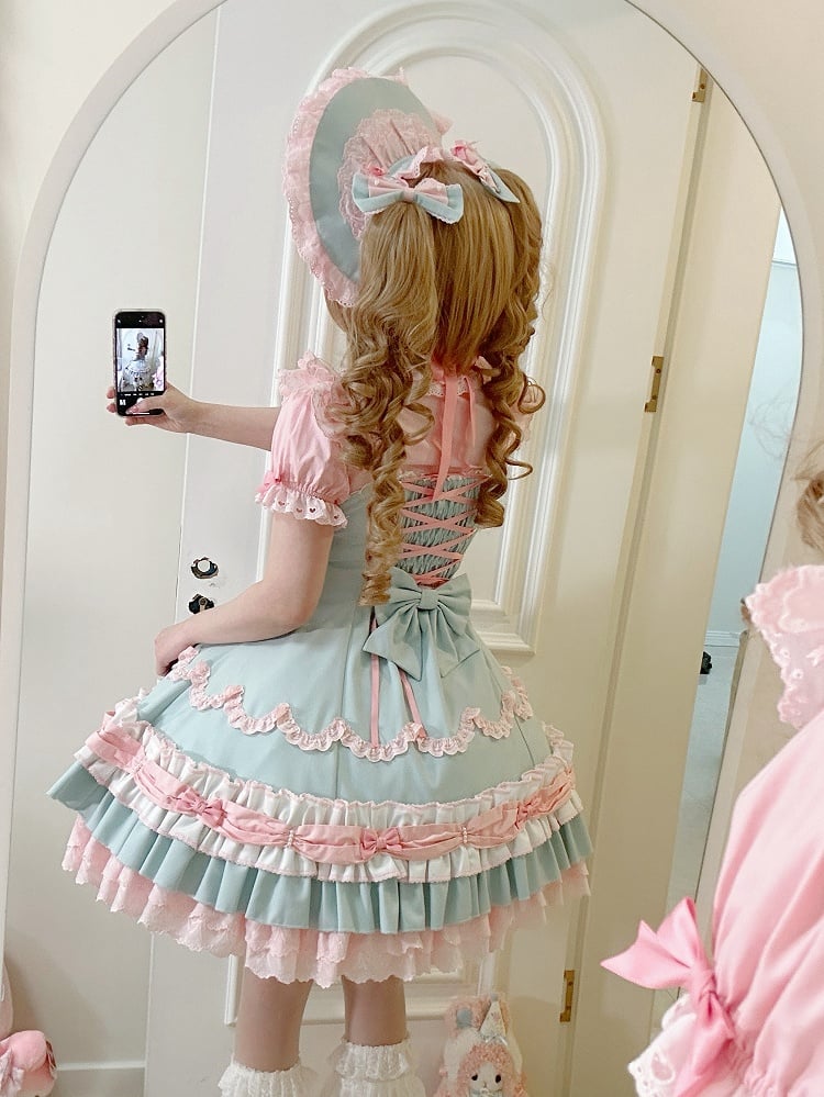 and Hemline Old Pink Decorated Sweet Layered Green Ruffle Bows