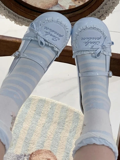 Trim Flats Toe Round PU Ruffles Embroidery Letter Blue Baby Leather