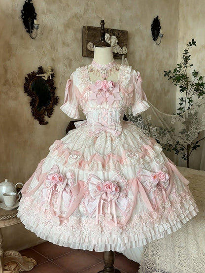 Rose Hanayome Lolita Hime Gown with Detachable Sleeves, Flower Bows and Pearl Chains - sedef