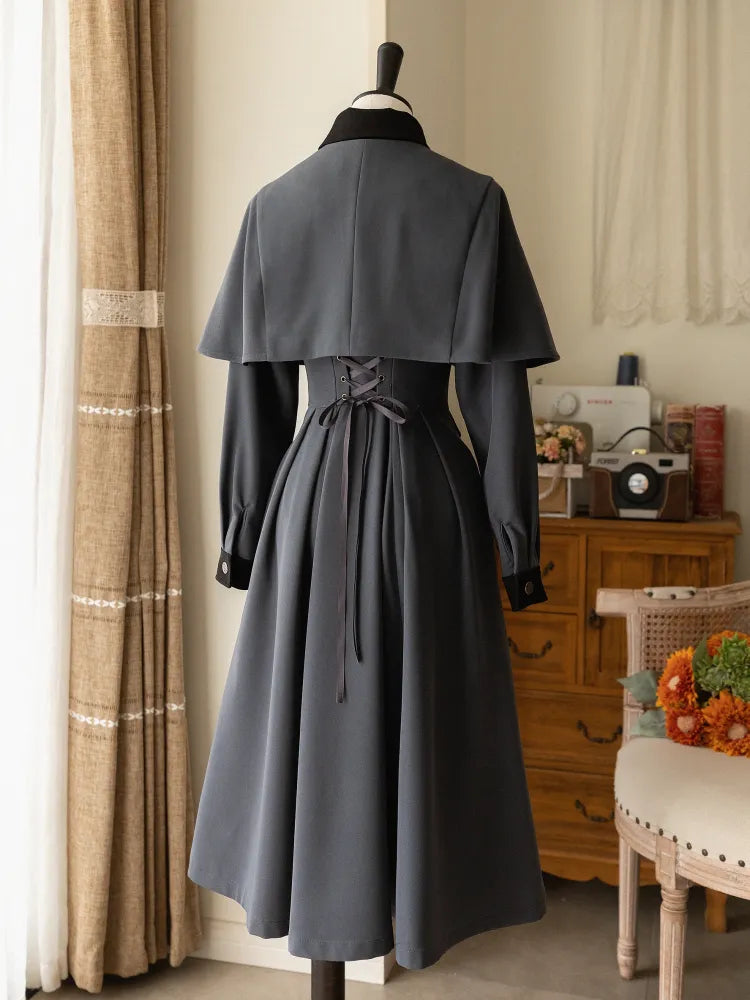 Lolita Winter Autumn Cape and Piece Elegant One Classic Dress Design Gray Dark
