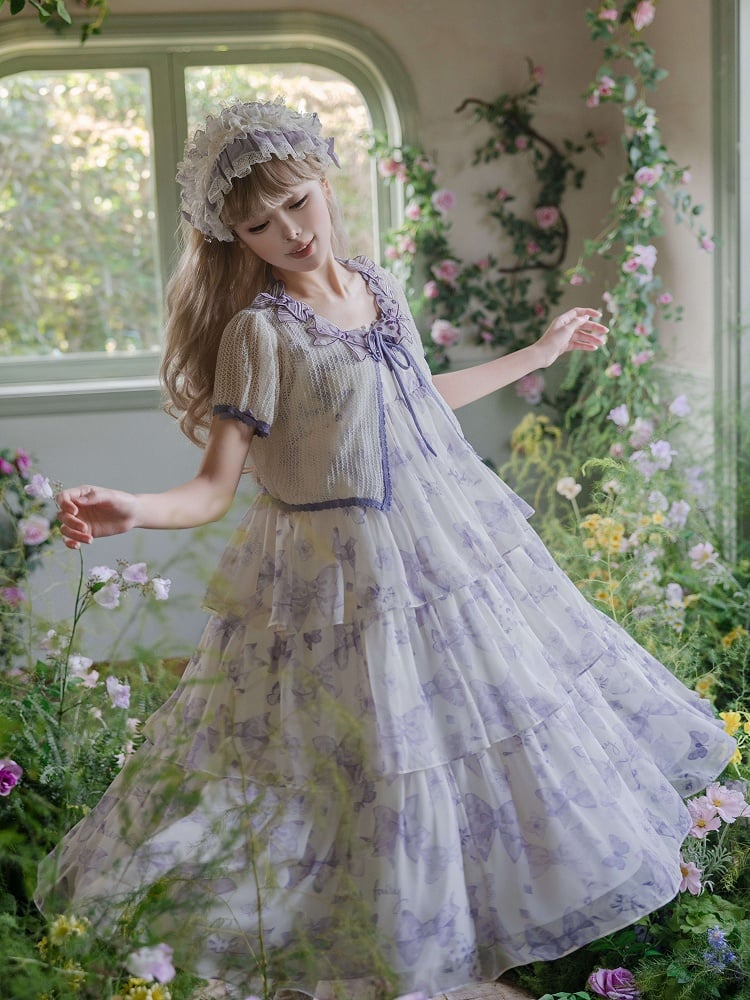 パープルのハイウエストリボンティアードスカートのサマーロリータドレス