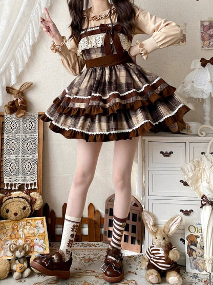Braunes Lolita-Kleid mit Karomuster und hoher Taille, Herbst- und Winter-Lolita-Pulloverrock