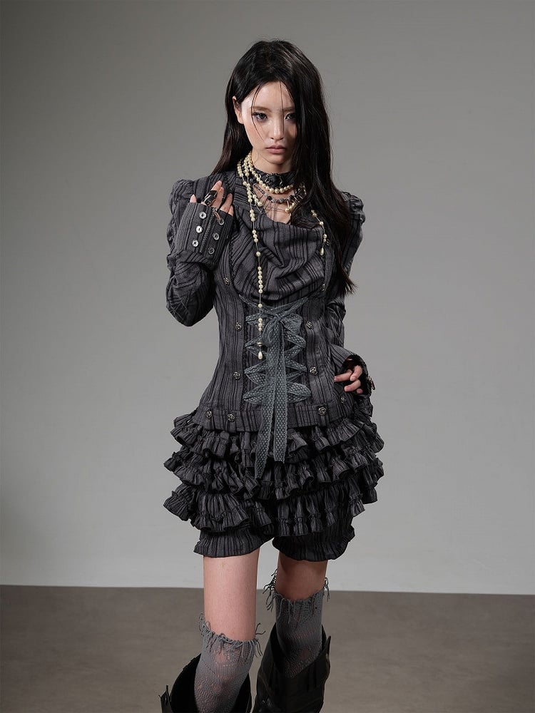 Dark Gray Striped Leg-of-Mutton Sleeves Cowl Neck Top with Lace-Up Details - Blazed Field