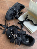 Verzierte Vorderseite Perlen Schwarz Schleife Schnürung Spitze Top Krawatten Sneakers bei