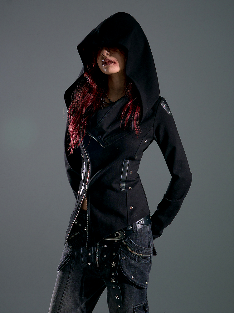 Zip Accents with Grommet Jacket Wasteland Two-Way Hoodie Stud Placket Punk Black Asymmetrical