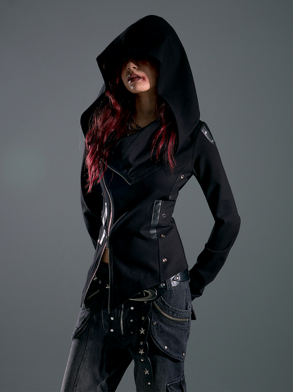 Zip Accents with Grommet Jacket Wasteland Two-Way Hoodie Stud Placket Punk Black Asymmetrical