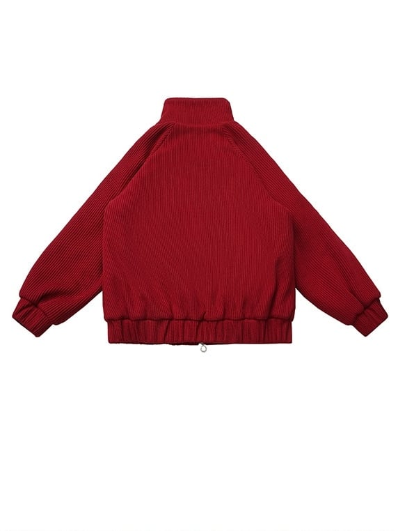 Red - Knit Patch Jacket Banded Brooch Apple Collar