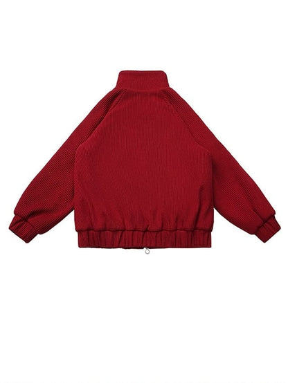 Red - Knit Patch Jacket Banded Brooch Apple Collar