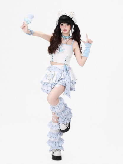 Sweet Edgy Kawaii White & Blue Tiered Skirt with Star Print and Waist Tie + Matching Leg Warmers Set - CRAZY GIRL