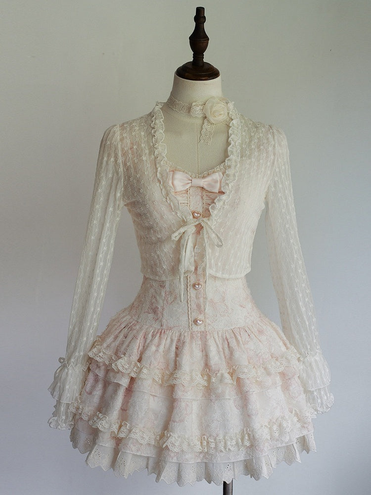 Boned Corset Dress with Heart Buttons, Sheer Ruffle Cardigan, Light Pink - Sweet Dream