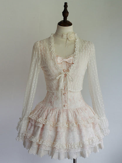 Boned Corset Dress with Heart Buttons, Sheer Ruffle Cardigan, Light Pink - Sweet Dream