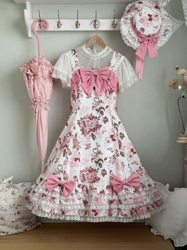 Sweet Teddy White Bear Pink Trim Print Accents Lolita Dress Bow Floral with Lace and