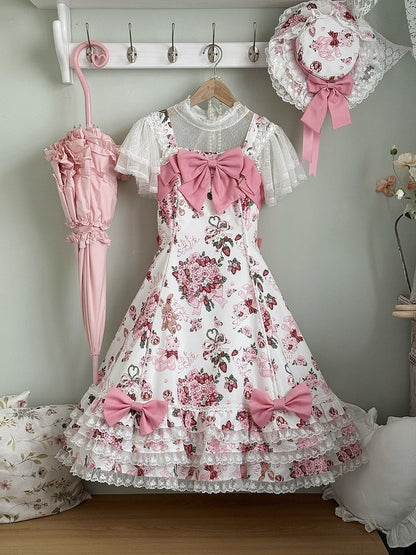 Sweet Teddy White Bear Pink Trim Print Accents Lolita Dress Bow Floral with Lace and