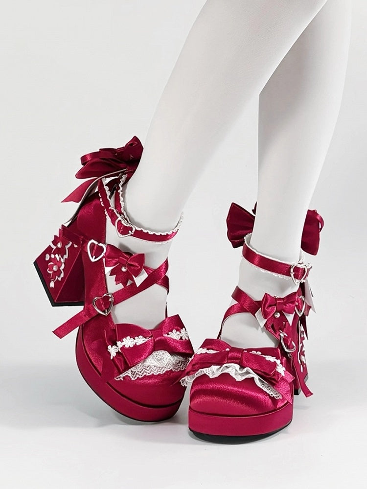 Bow Heel - Heart Satin with in High Janes Red Themed Accents Sakura Snap Block Mary