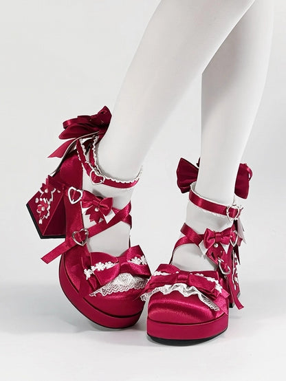 Bow Heel - Heart Satin with in High Janes Red Themed Accents Sakura Snap Block Mary