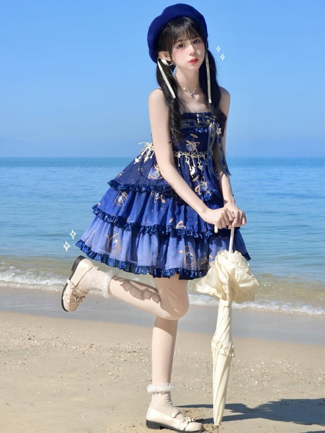 ネイビーブルーの天球儀と星空エンパイアウエストのロリータジャンパースカート