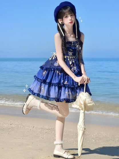 ネイビーブルーの天球儀と星空エンパイアウエストのロリータジャンパースカート