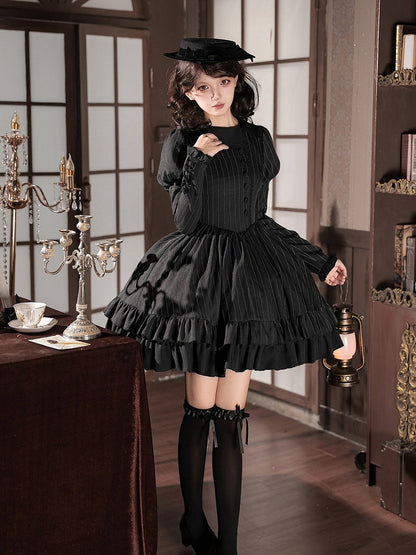 Black Striped Long Sleeve Short Lolita OP Dress with Mini Hat & 2-Way Bow Brooch Set - With PUJI