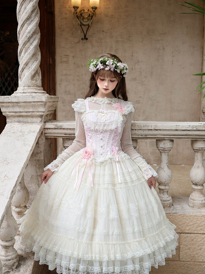 Sweet Lolita Princess Set with Lace, Floral, Pink & White Top & Skirt - Twilight Flower Letter