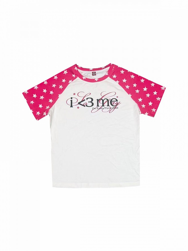 Gender-Neutral Star and Letter Print Short Sleeve Raglan Tee in Pink and White - DETW OnLine