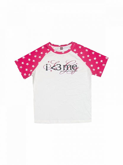 Gender-Neutral Star and Letter Print Short Sleeve Raglan Tee in Pink and White - DETW OnLine