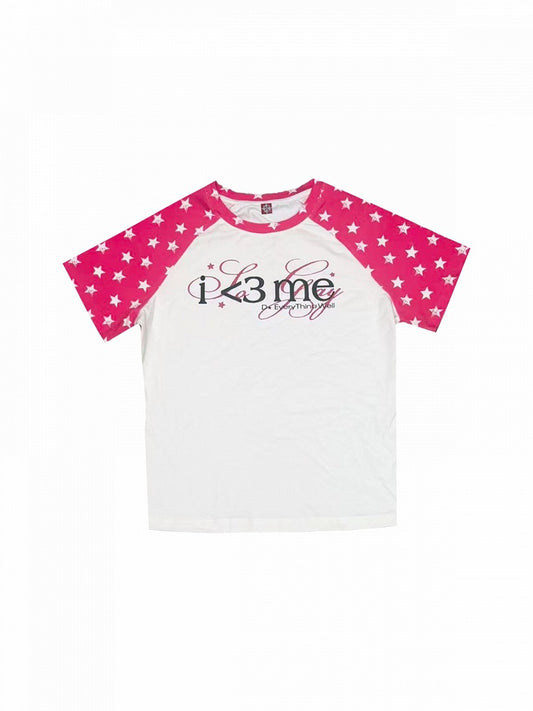 Gender-Neutral Star and Letter Print Short Sleeve Raglan Tee in Pink and White - DETW OnLine