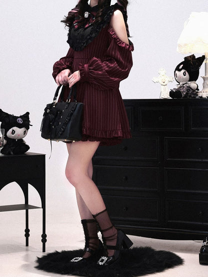 Shorts with Versatile Coord Sleeves Kei Set: Red Wine Striped Modular Matching Jirai Dress