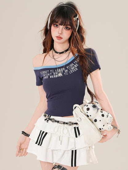 Neckline Asymmetrical Bittersweet Glamorous Letter Blue/Red