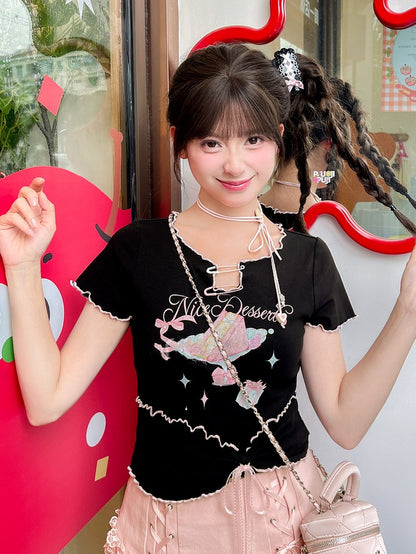 Neckline Black Cake Print Lettuce Hem Hem Pin Bow Big Details Sweet T-Shirt