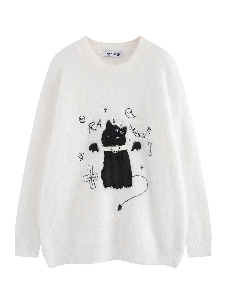 Detail Katzengürtel Pullover Kragen Strick Flockstickerei - Kawaii Weiß/Schwarz