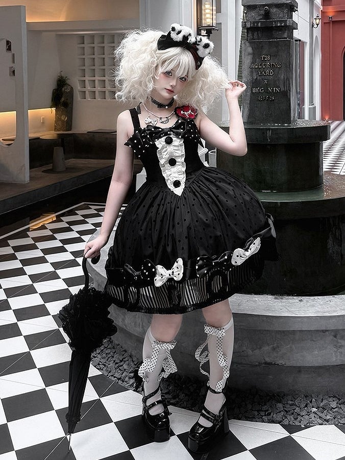 Black White Polka Dot Gothic Lolita Jumper Skirt with Bows Striped Hem - Tan Tuan