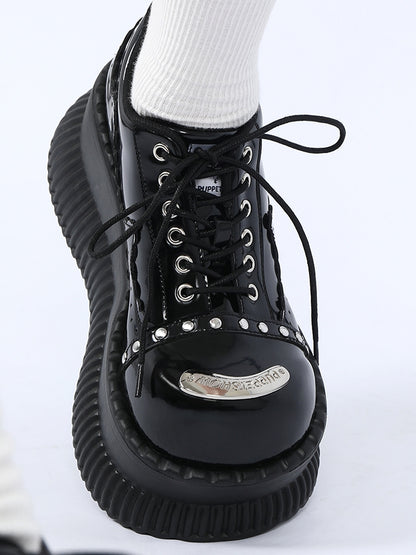 Plate Accents Details Black Stud Punk Design - Metal Lace-Up Platforms with