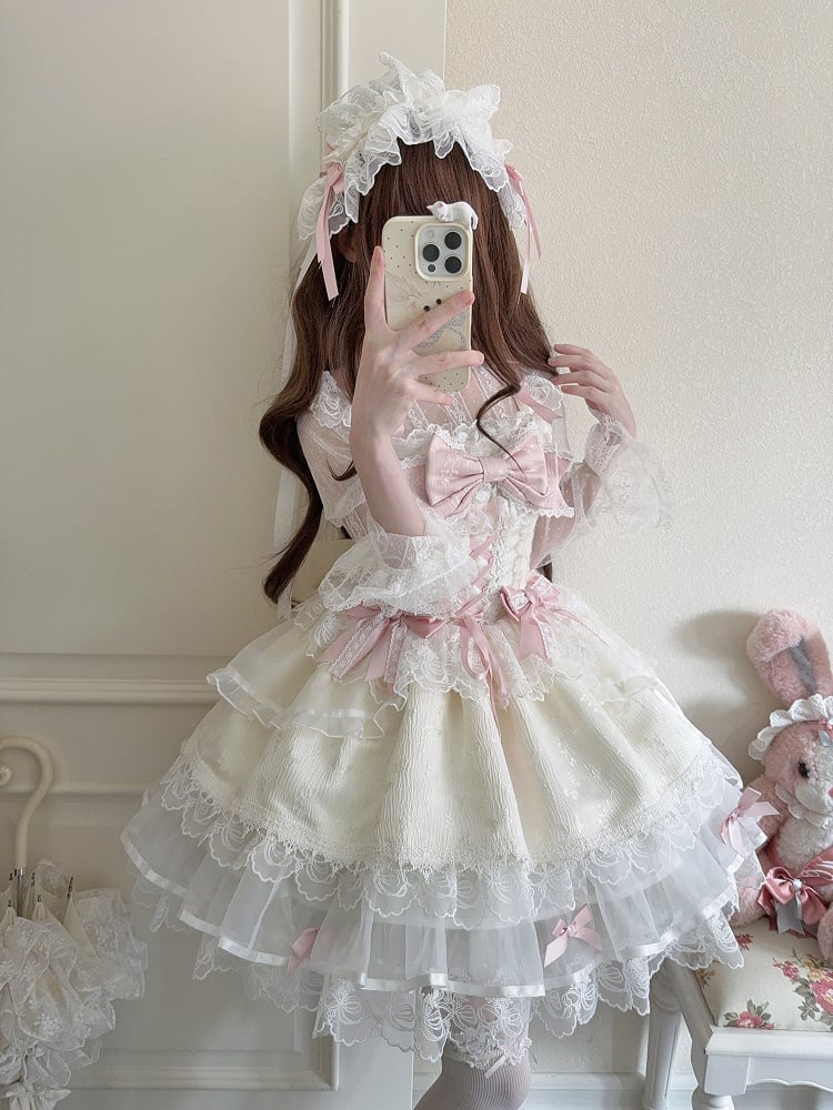Apricot Bow Lolita Embossed Details with Adorable JSK Lace Princess Dress Jacquard Ruffled