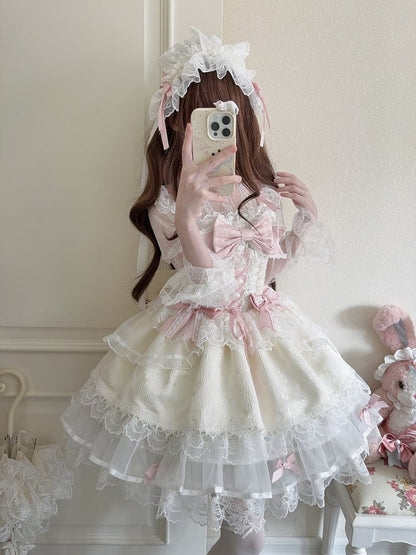 Apricot Bow Lolita Embossed Details with Adorable JSK Lace Princess Dress Jacquard Ruffled