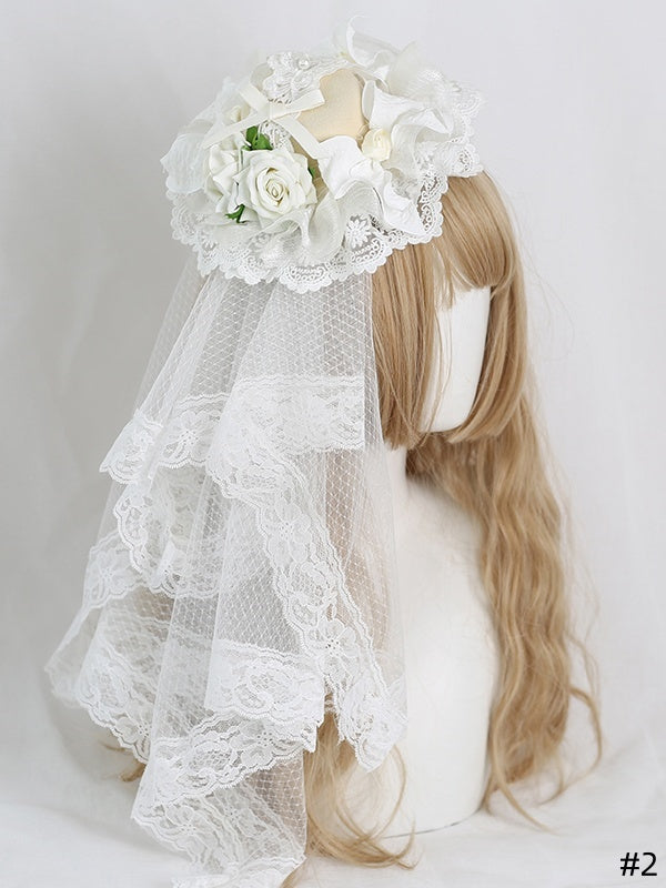 Mini Roses + Beautiful Beige Lolita With Lace-trimmed Hat Bowknot