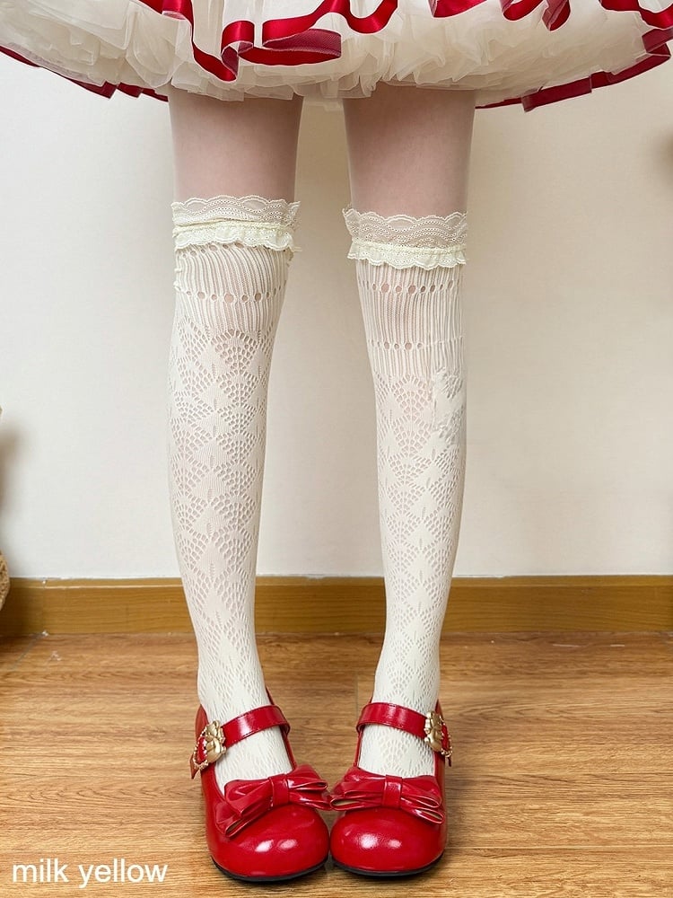 Overknee Stockings in White and Milk Yellow with Lace Accents - Fat Bear Story