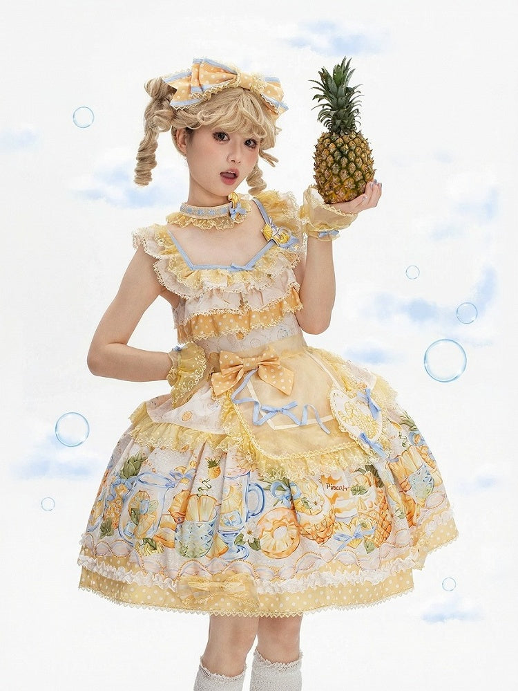 Yellow & Blue Polka Dot Fruit Print Lolita JSK Dress with Lace Details - Badoni B DOLLY Original Design