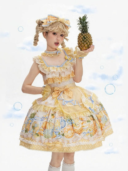 Yellow & Blue Polka Dot Fruit Print Lolita JSK Dress with Lace Details - Badoni B DOLLY Original Design