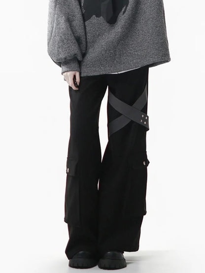 Straight-leg Embellishments Black Straps Cargo Crisscross Pants with Stud - Pockets
