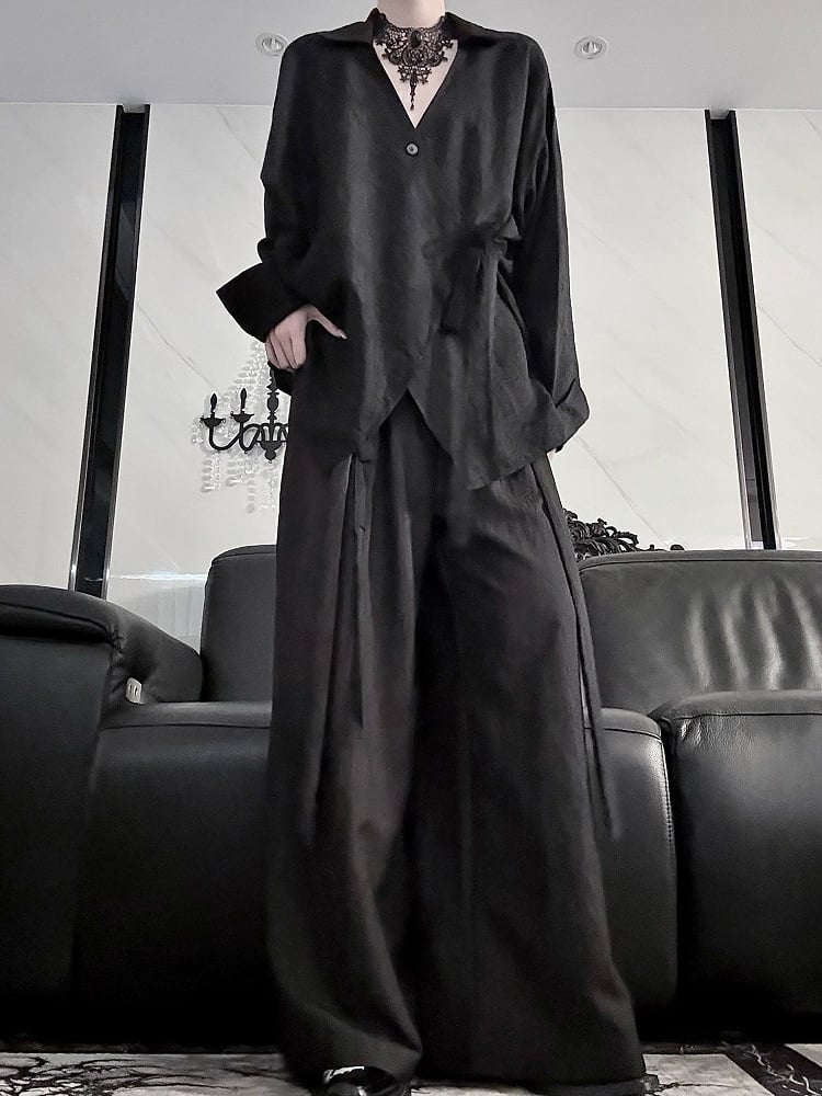 Belt Long Style Shirt Sleeve Self-tie Black Cheongsam