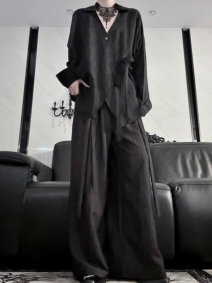 Belt Long Style Shirt Sleeve Self-tie Black Cheongsam