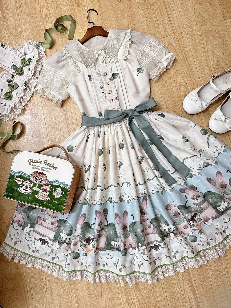 with Green Beige Trim Print Sweet Dress Lace Apple Bunny Lolita and