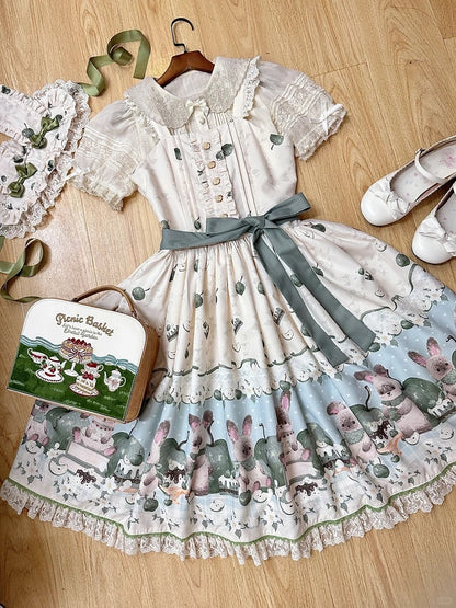 with Green Beige Trim Print Sweet Dress Lace Apple Bunny Lolita and