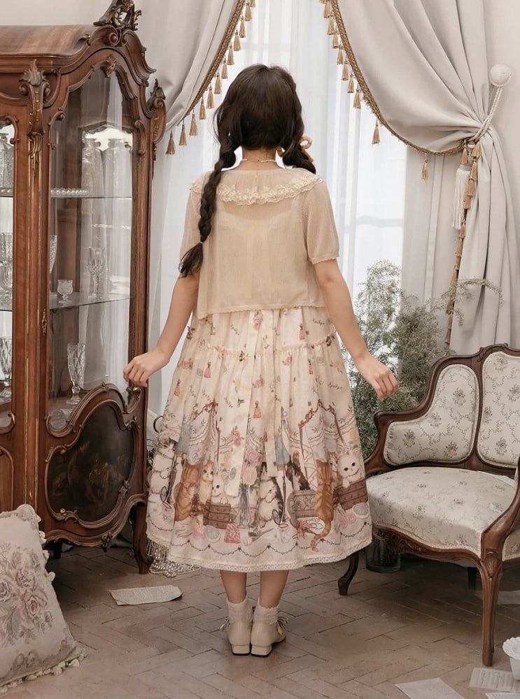 Beige Cat Print High Waist Sweet Lolita Jumper Skirt - NyaNya