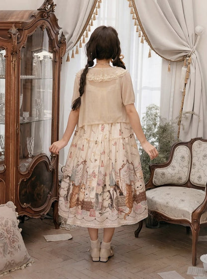 Beige Cat Print High Waist Sweet Lolita Jumper Skirt - NyaNya