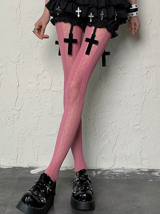 Y2K Hollow-out Rose Tights Pink Striped Design