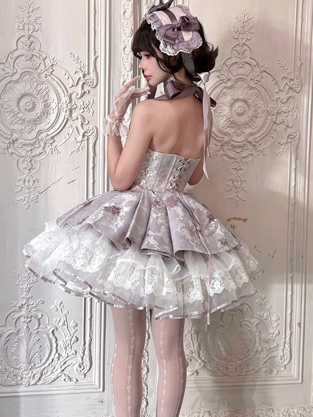 Strapless Floral Lace Layered Lolita Gown - Yimu Walnut