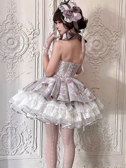 Strapless Floral Lace Layered Lolita Gown - Yimu Walnut